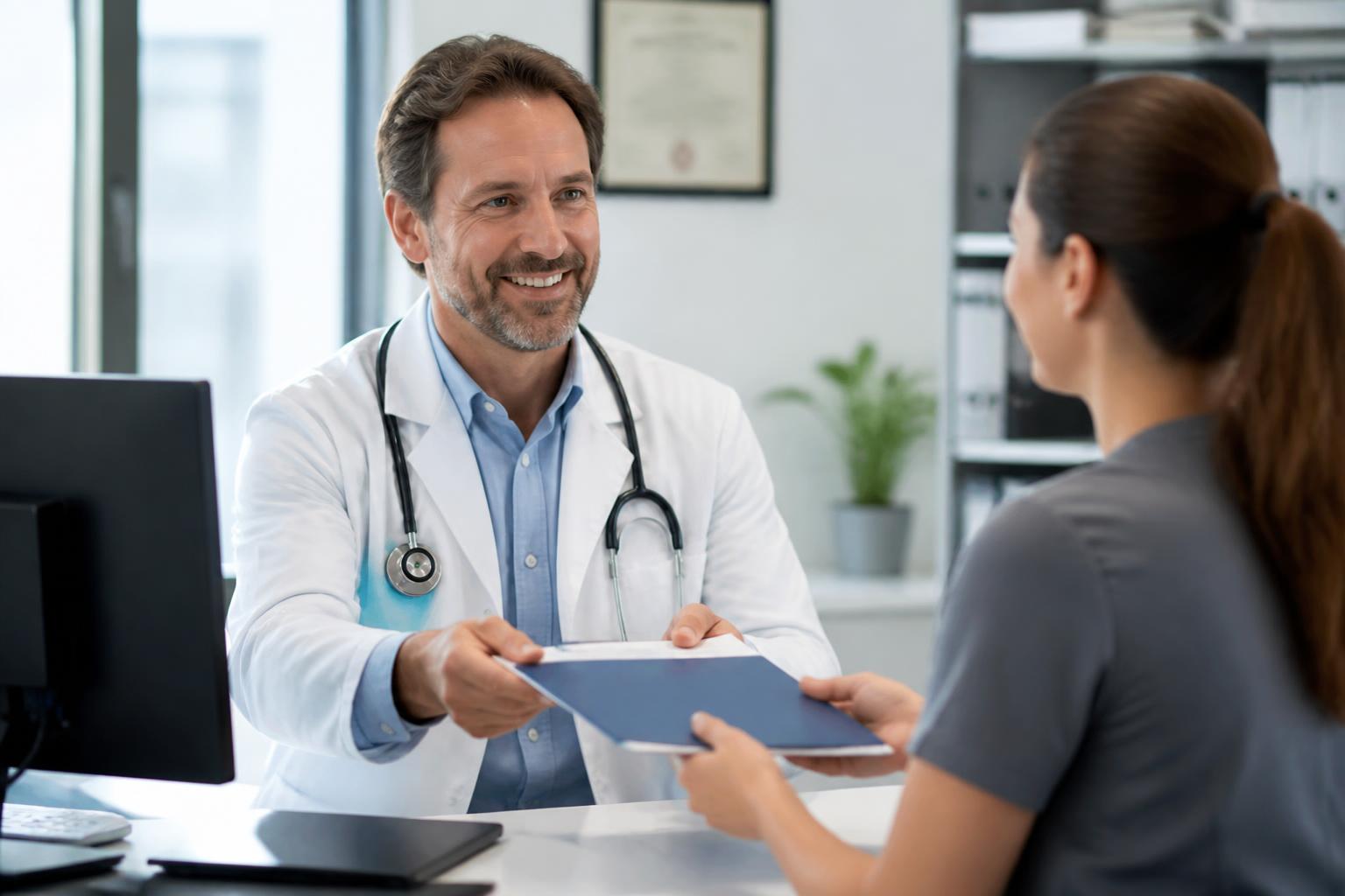 Médecin souriant confiant un dossier administratif à son assistante TP Assist